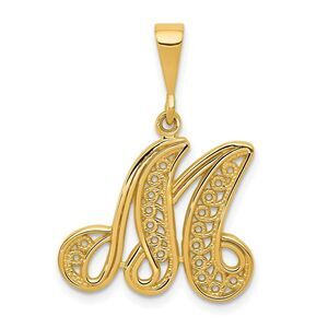 14k Yellow Gold, Maci Collection, LG Filigree Script Initial M Pendant